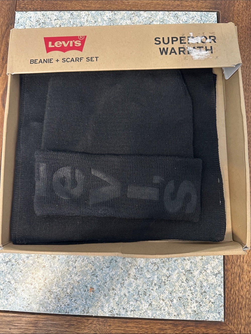 Levi's Black Knit Beanie and Scarf Set, NWT